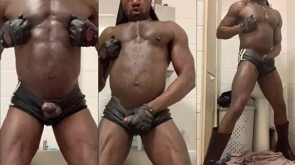 black muscletight leather shorts & high boots bbc wank & tit workout