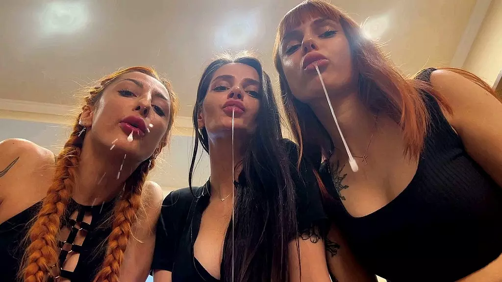 pov triple spitting femdom close-up from mistresses kira, sofi and agma