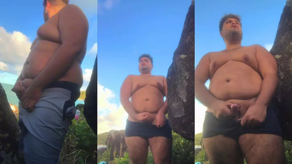 young chubby guy goes to the beach to masturbate and caress his giant breasts gay