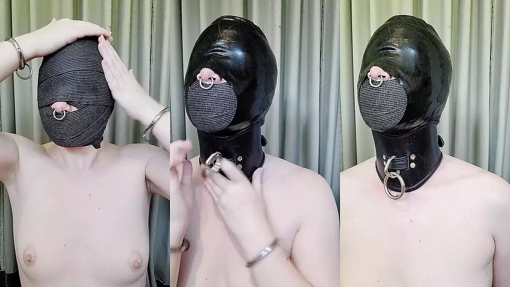 layered vetwrap, latex hood, and stiff leather posture collar. watch me take away my voice and my vision, and muffle my heari...